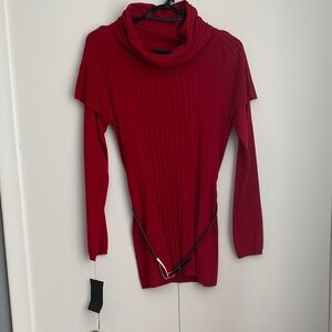 New VEX Collection Red Draped Cowl Belt Ribbed Knit Turtleneck Size Medium